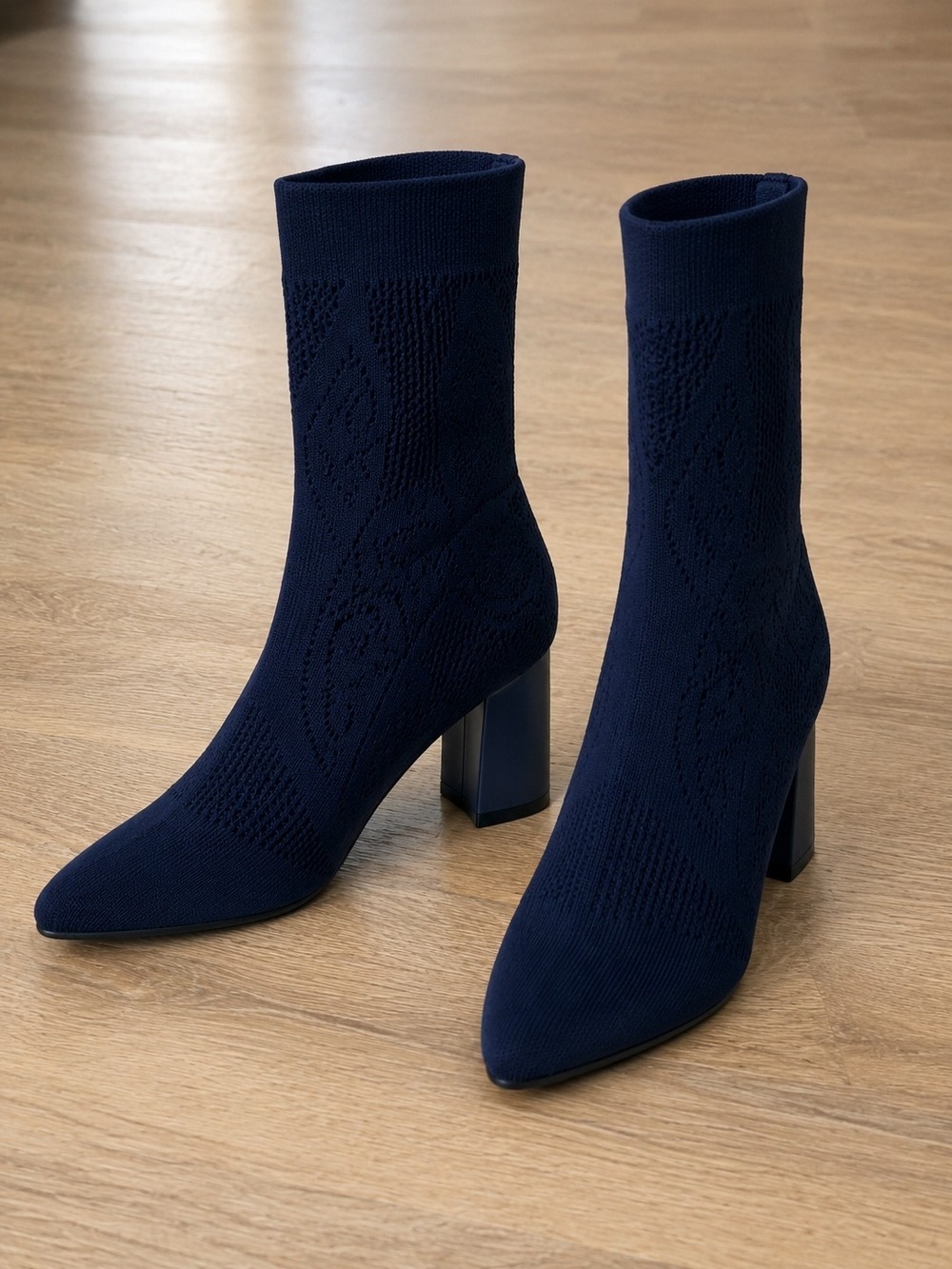 Impo Vesca Navy Knit Sock Ankle Boots Women's Size 9.5M Block Heel Stretch Booti - Picture 2 of 6